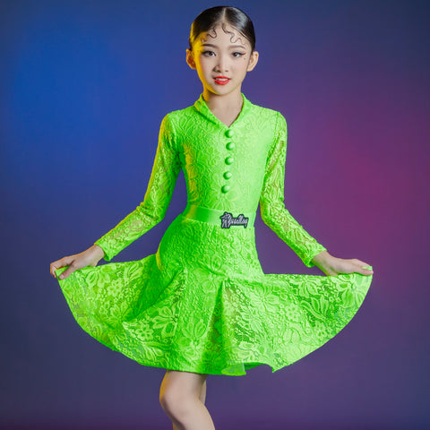 Neon Green Lace Latin Dance Dresses for Girls Kids Children's Latin Dance Competition Costumes Salsa Chacha Performance Skirts