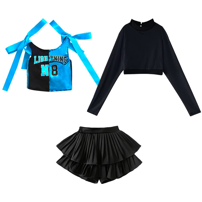 Girls' Blue Shiny Jazz Dance Costume Hip Hop Street Dance Outfits for Kids Rapper Singer Gogo Dancers Model Catwalk Suit