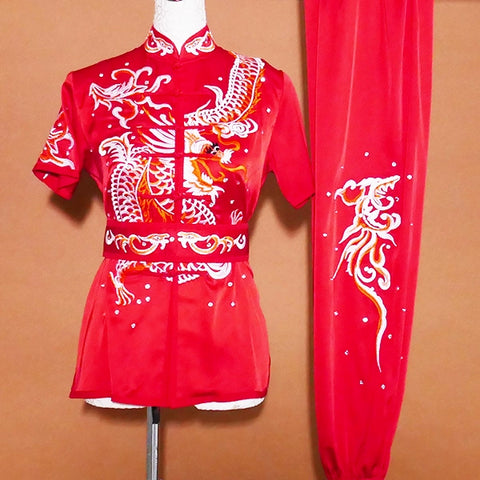 Custom Size Chineses Kung Fu Uniforms Dragon Embroidery Red Short Sleeve Long Fist Nanquan Wushu Exam Competition Uniforms for Adult Kids