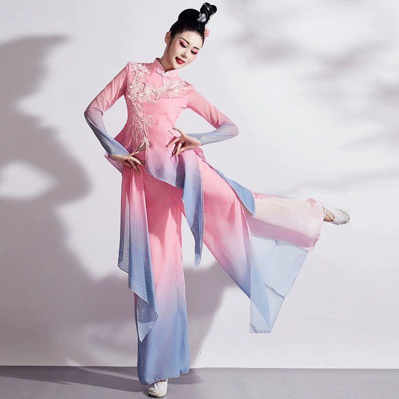 Chinese folk dance costumes women girls pink Jiaozhou Yangge dress fairy hanfu fan umbrella classical dance square dance clothes