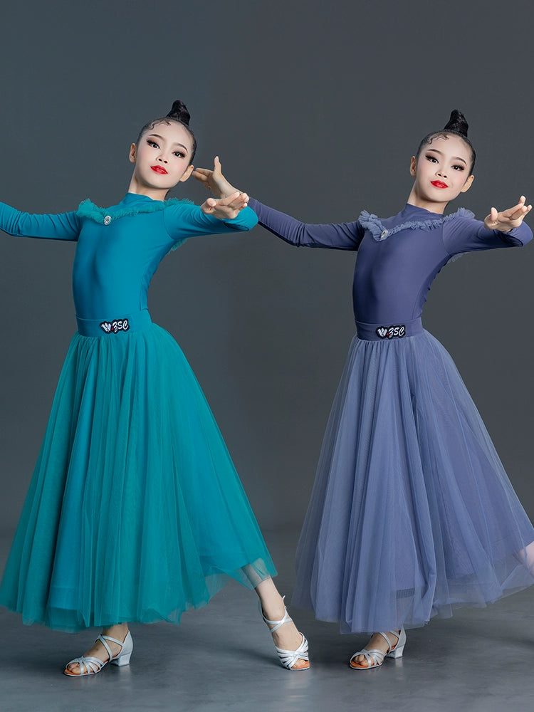 Children's Girls Blue Grey Ballroom Modern Dance Dresses for Kids Girls Long Sleeves High Neck  Waltz Tango Ballroom Dance Skirts for Kids