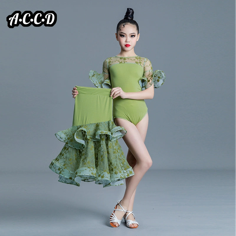 Children' Girls White Pink Green Lace Ballroom Dance Dresses for Kids Waltz Ballroom Tango Dance Competition Performance Clothes