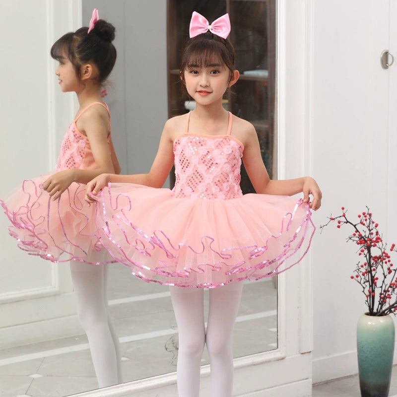 Children Pink Green Sequin Jazz Dance Dress Tutu Skirts Ballet Dress Toddler Pianist Princess Choir Performance Costumes