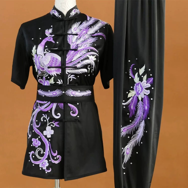 Customized size Embroidered Phoenix Competition Chinese Kungfu uniforms wushu performance Taichi clothing Changquan Nanquan Suit for adult kids