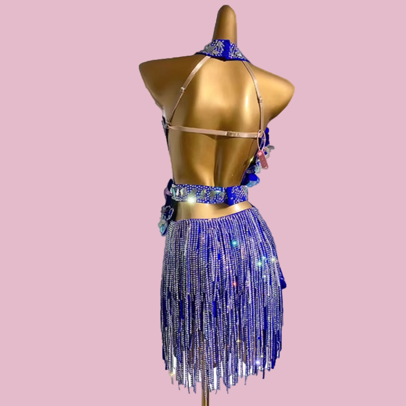 Custom Size Royal Blue Fringe Competition Latin Dance Dresses for Women Girls Kids Salsa Rumba Chacha Solo Dancing Bling Costumes