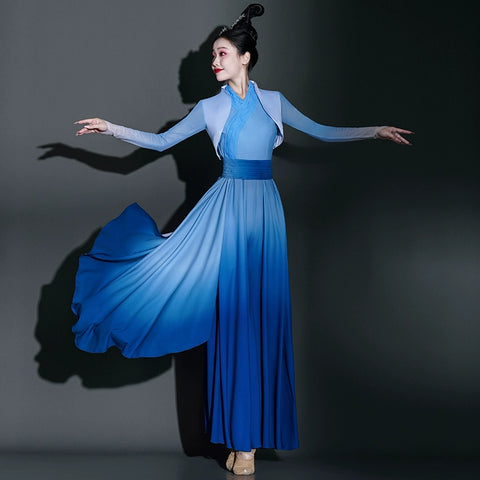 Blue chinese folk Classical dance costumes for women girls fairy umbrella fan dance hanfu Han Tang repertoire solo contest dance wear