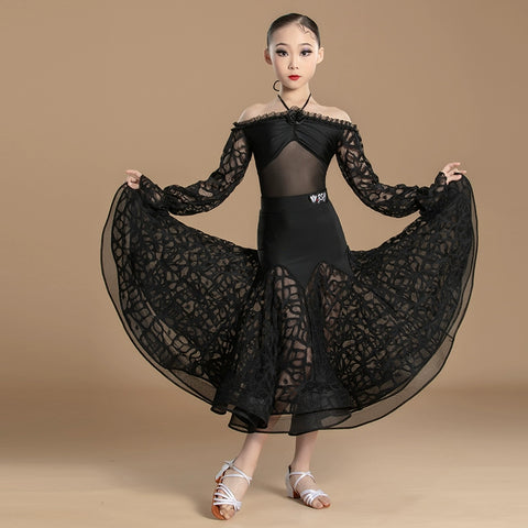 Black lace Latin ballroom dance dress for girls kids national standard waltz tango rhythm dance competition gown for kids