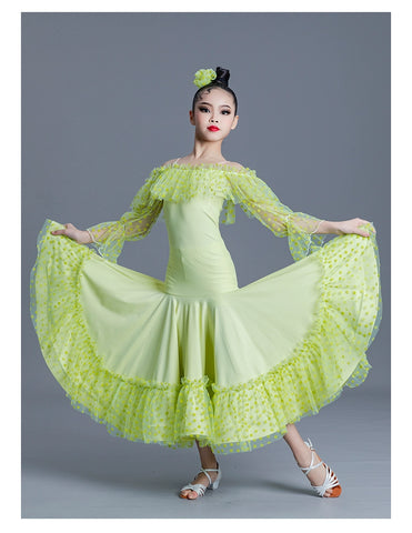 Girls Kids Pink Green Blue Polka Lace Ballroom Dance Dresses Children Ballroom National Ballroom Dance Long Sleeve Dew Shoulder Stage Performance Costumes for Kids