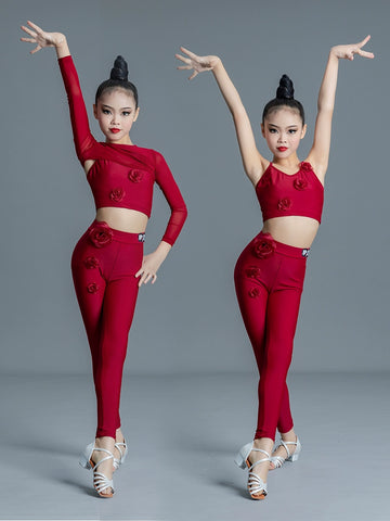 Girls Kids Red Ballroom Salsa Latin Dance Costumes Salsa Rumba Latin Stage Performance Tops and Pants Party Dancing Outfits