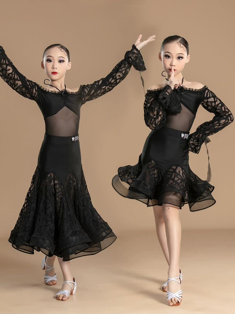 Black lace Latin ballroom dance dress for girls kids national standard waltz tango rhythm dance competition gown for kids