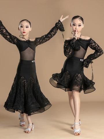 Black lace Latin ballroom dance dress for girls kids national standard waltz tango rhythm dance competition gown for kids