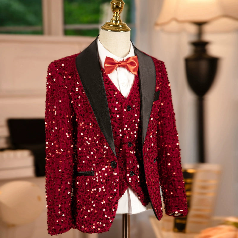 Boys Red Sequins Jazz Dance Coats Kids Singers Host Choir Model Piano Performance Blazers Wedding Party Flowers Boys Jackets Photos Shooting Suit