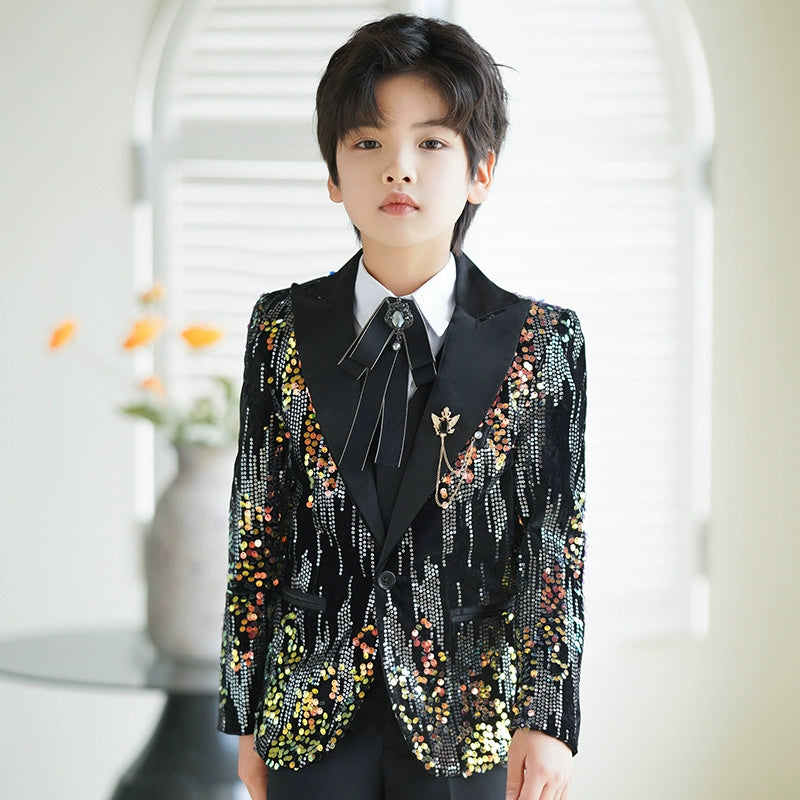 Boys Shiny Navy Red Colorful Sequins Jazz Dance Blazers Kids Singers Host Choir Perform Jacket Wedding Party Flowers Boys Piano Performance Dress Coats