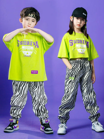 Boys Girls Hip Hop Street Jazz Dance Costume for Girls Kids Neon Green Tops Zebra Pants Gogo Dancers Rapper Singer Hiphop Dance Outfits