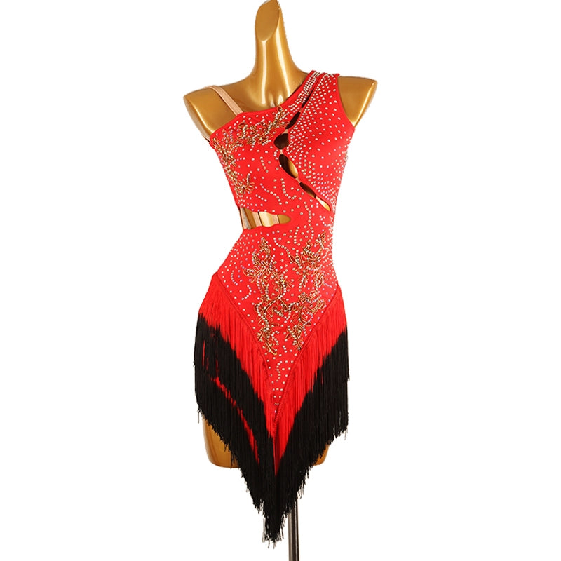 Red Black One Shoulder Latin Competition Dresses for Women Girls Slant Neck Diamond Bling Gradual Change Fringed Latin Salsa Chacha Dance Costume