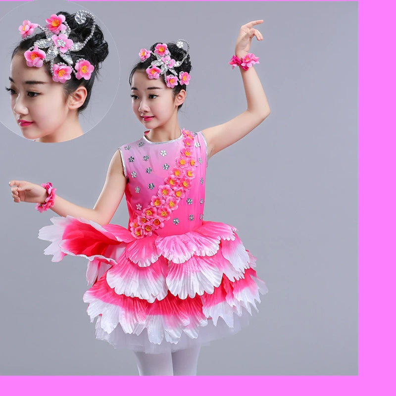 Children's Petal Pink Green Flowers Bloom Jazz Dance Dress Choir Opening Dance Performance Clothes Jasmine Peach Blossoms Fairy Cosplay Wear