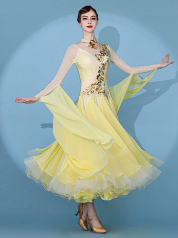 Custom size yellow competition ballroom dance dresses for women girls kids gemstones senior waltz tango foxtrot smooth dance gown