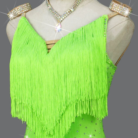 Neon Green Fringe Latin Dance Competition Dresses for Women Girls Kids Professional Sparkling Salsa Rumba Chacha Performance Costumes