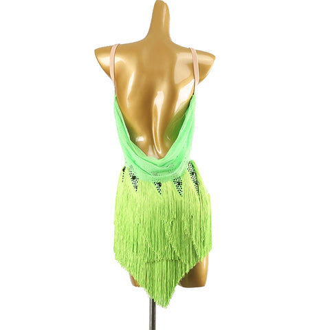 Girls women green fringe Latin dance competition regulation dress gradient gemstones rumba chacha salsa dance costumes