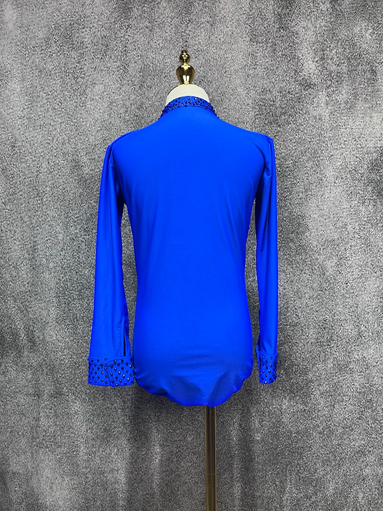 Custom Size Royal Blue Competition Latin Ballroom Dance Shrits for Boys Kids Children Salsa Waltz Latin Performance Gemstones Top