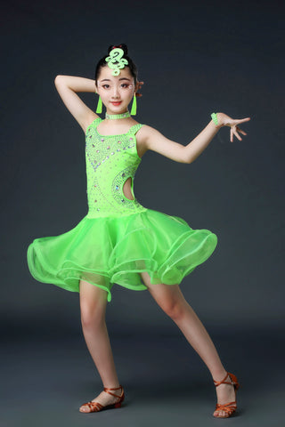 Competition Latin Dance Dresses for Kids Girls Orange White Red Neon Green Rhinestones Competition Grade Salsa Chacha Party Performance Outfits for Kids