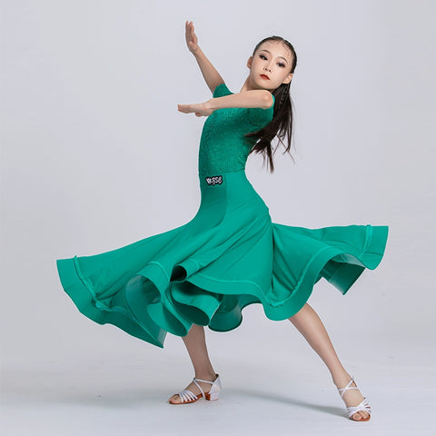 Green Lace Ballroom Dance Dresses for Kids Girls Competition Waltz Tango National Standard Dance Skirts Party Ball Gown Praise Dress for Children