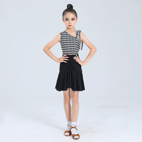 Children's One Shoulder Latin Dance Dresses Girls White Black Plaid Salsa Rumba Chacha Professional Training Clothes for Kids