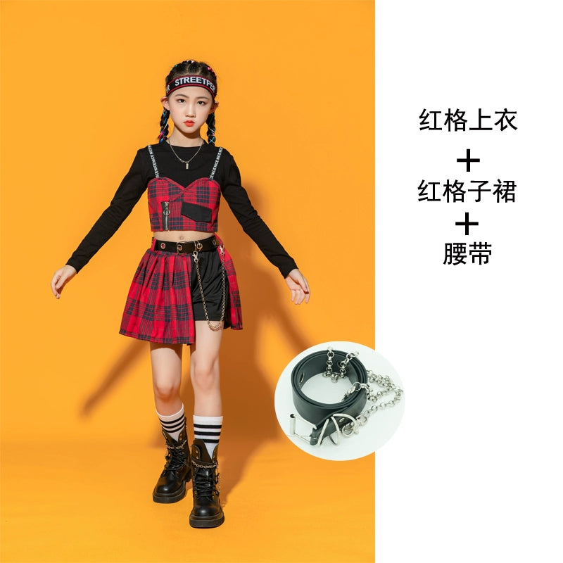 Girls Jazz Costume Hip Hop Street Dance outfits children gogo dancers British style plaid Cheerleading Show clothes for kids