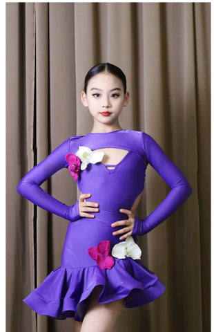 Purple Violet Latin Dance Dresses for Girls Children Orchid Flowers Salsa Rumba Cha Cha Practice Clothes Jive Dance Skirts