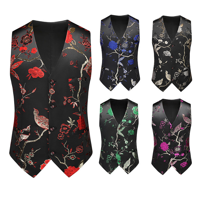 Men's jazz dance waistcoat Slim-fit large-size flower bird pattern choir singer host concert music production performance vest men