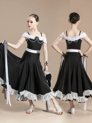 Girls white black Modern ballroom dance dresses kids Waltz Tango Performances Competition long gown swing skirts for Children