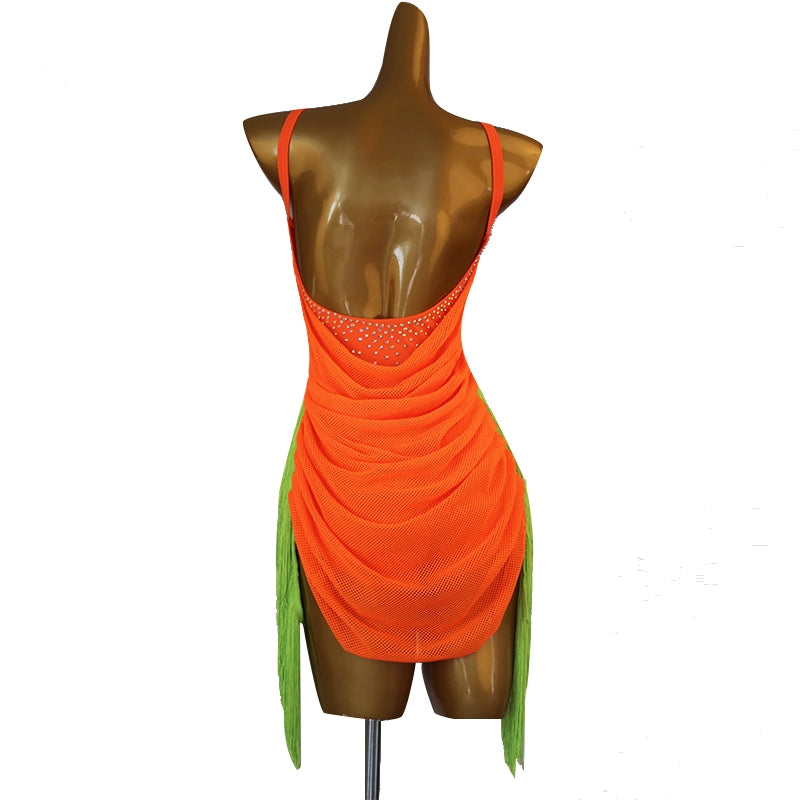 Orange green fringe competition Latin dance dress for women girls one-piece stones Latin dance performance costumes for female