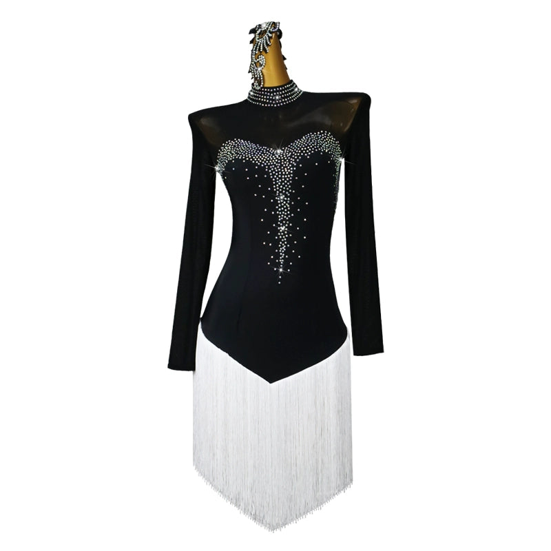 Custom Size White with Black Fringe Competition Latin Dance Dresses for Women Girls Kids Salsa Rumba Chacha Jive Dance Costumes Solo Dance Clothes