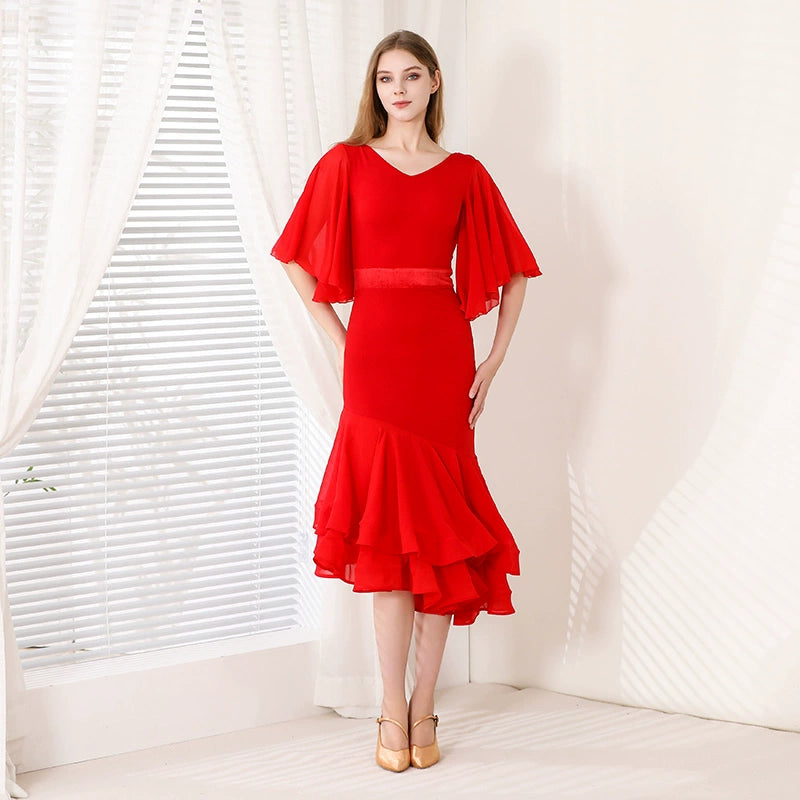 Long Latin Dance Dress for Women Red Modern Ruffles Sleeves Ballroom Dance Costume Waltz Tango Performance Clothes for Female