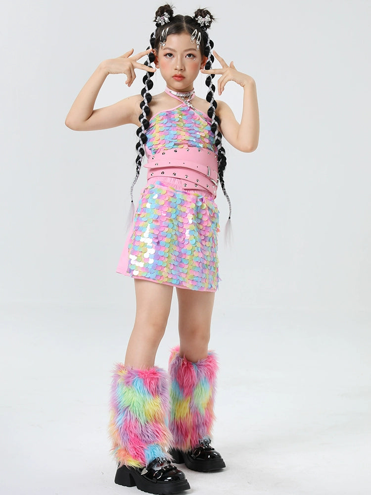 Rainbow Sequined Jazz Dance Costumes for Girls Kids Model Runway Catwalk Clothes Festival Party Dress Up Photos Shooting Outfits