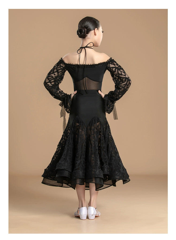 Black lace Latin ballroom dance dress for girls kids national standard waltz tango rhythm dance competition gown for kids