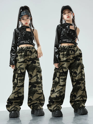 Girls Jazz Dance Costume Kids Rapper Singers Hip Hop Street Dance Outfits Single Sleeve Leather Coat Camouflage Pants