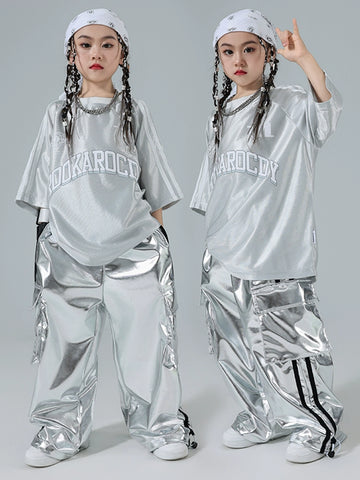 Hiphop street jazz dance Costumes for girls silver short sleeve pants modern gogo dancers rapper singers performance outfits for kids