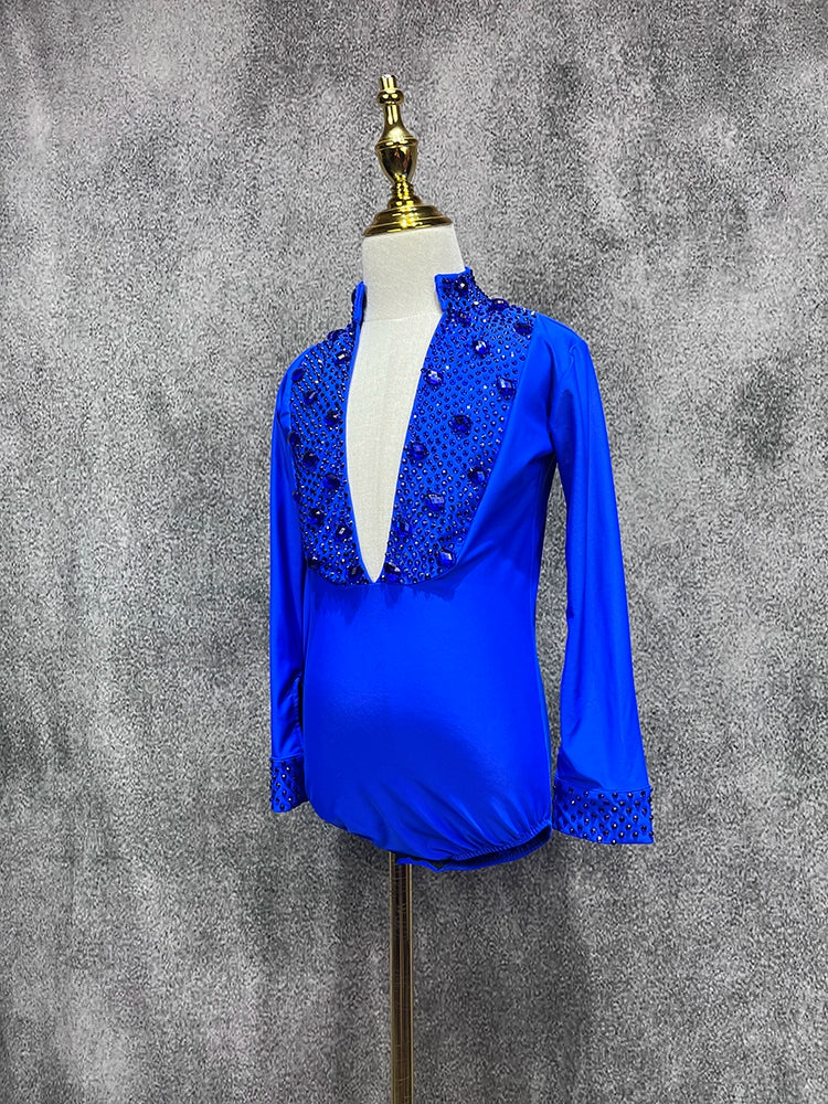 Custom Size Royal Blue Competition Latin Ballroom Dance Shrits for Boys Kids Children Salsa Waltz Latin Performance Gemstones Top