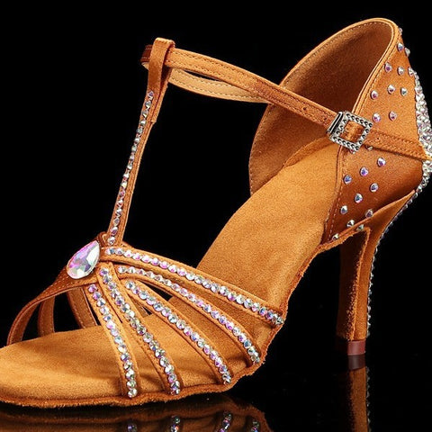 Rhinestones Competition Latin Dance Shoes for Women Girls Indoor Style Soft Soles Waltz Tango Cha Cha Jive Dancing Sandals 8cm Heel