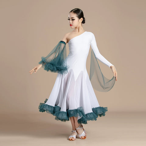 White with Blue Slant Neck Ballroom Dance Dresses for Girls Kids Competition Ballroom Tango Waltz with Float Art Test Training Uniforms