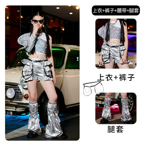 Children's Silver Sequin Jazz Street Dance Costumes for Girls Kids Runway Hip Hop Rapper Singers Gogo Dancers Model Show Dance Outfits