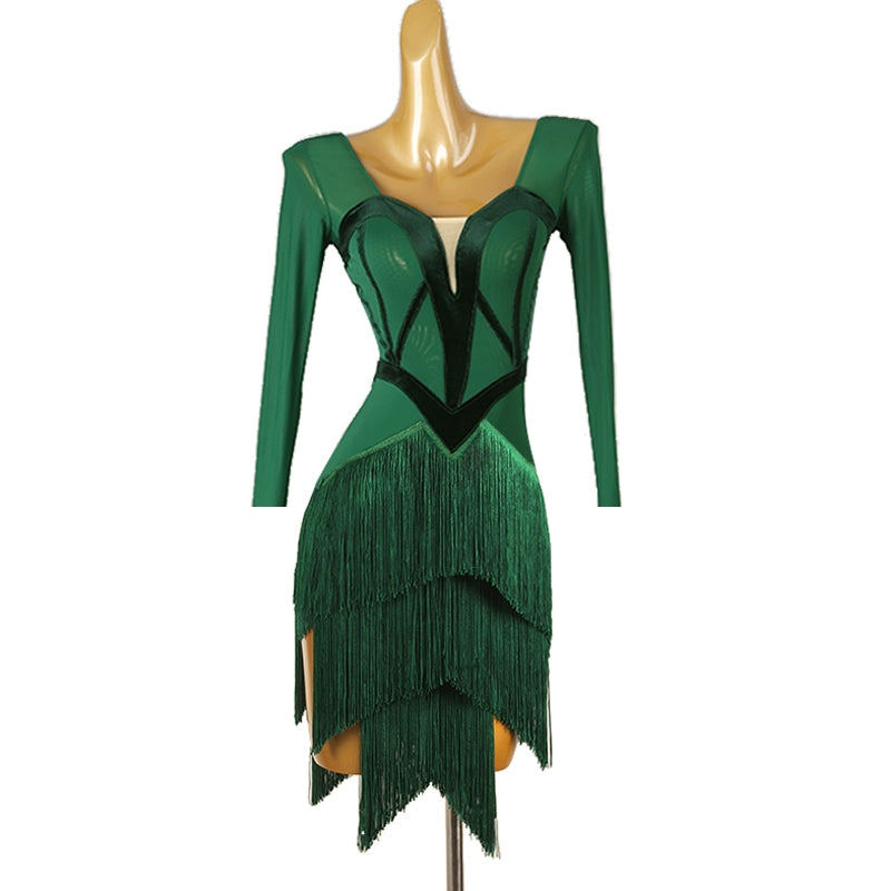 Dark Green Fringe Competition Latin Dance Dresses for Women Girls Salsa Rumba Chacha Velvet Edge Ribbon Stage Performance Dance Wear