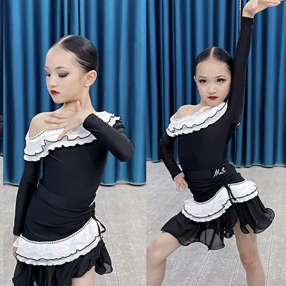 Children Girls Black White Slant Neck Latin Dance Dresses for Kids Latin Ballroom Dance Training Performance Costumes