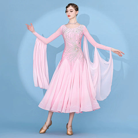 Custom size pink gemstones competition ballroom dance dresses for women girls kids Modern waltz tango foxtrot smooth rhythm performance gown