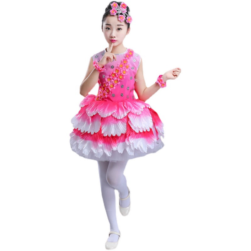 Children's Petal Pink Green Flowers Bloom Jazz Dance Dress Choir Opening Dance Performance Clothes Jasmine Peach Blossoms Fairy Cosplay Wear