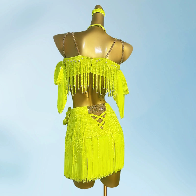 Custom Size Neon Yellow Bling Fringe Competition Latin Dance Dresses for  Women Girls Kids Salsa Rumba Chacha Jive Dancing Costumes for Female