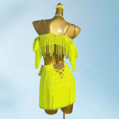 Custom Size Neon Yellow Bling Fringe Competition Latin Dance Dresses for  Women Girls Kids Salsa Rumba Chacha Jive Dancing Costumes for Female