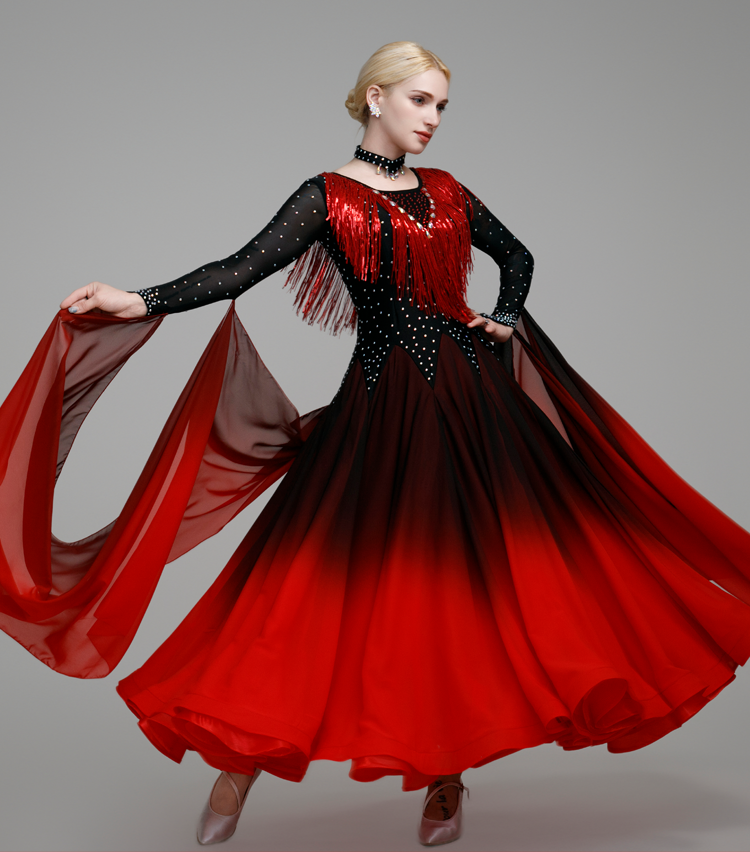 Gradient Red White Competition Ballroom Dance Dresses for Women Girls Waltz Tango Squin Fringe Modern Dance Skirt Party Dancing Gown