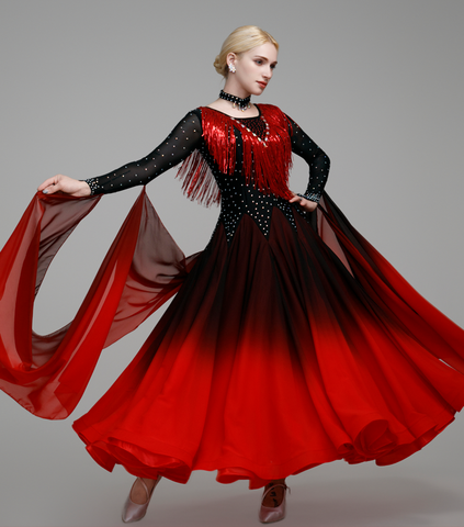 Gradient Red White Competition Ballroom Dance Dresses for Women Girls Waltz Tango Squin Fringe Modern Dance Skirt Party Dancing Gown